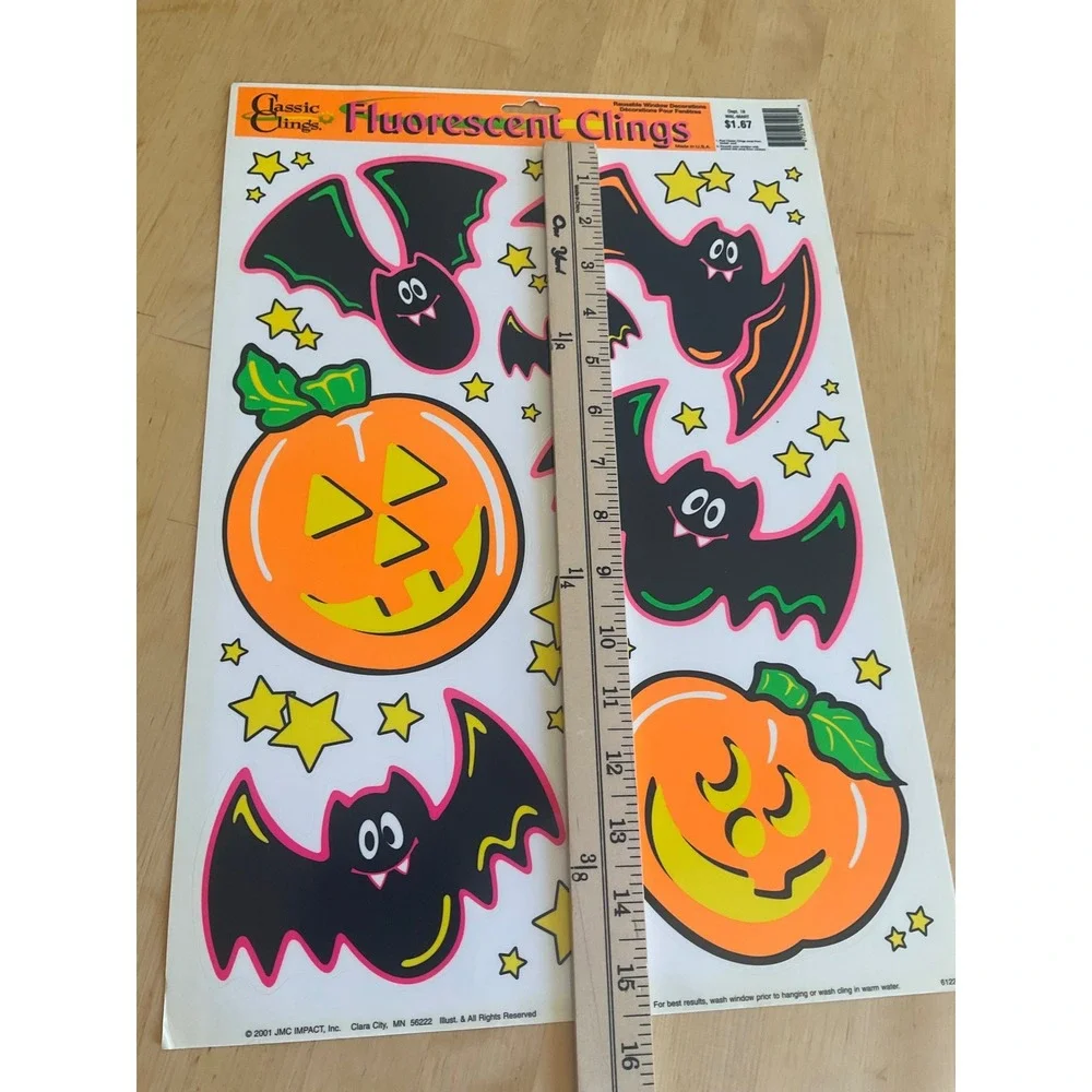 Vintage 2001 Classic Clings Fluorescent Halloween Window Decals Bats Pumpkins